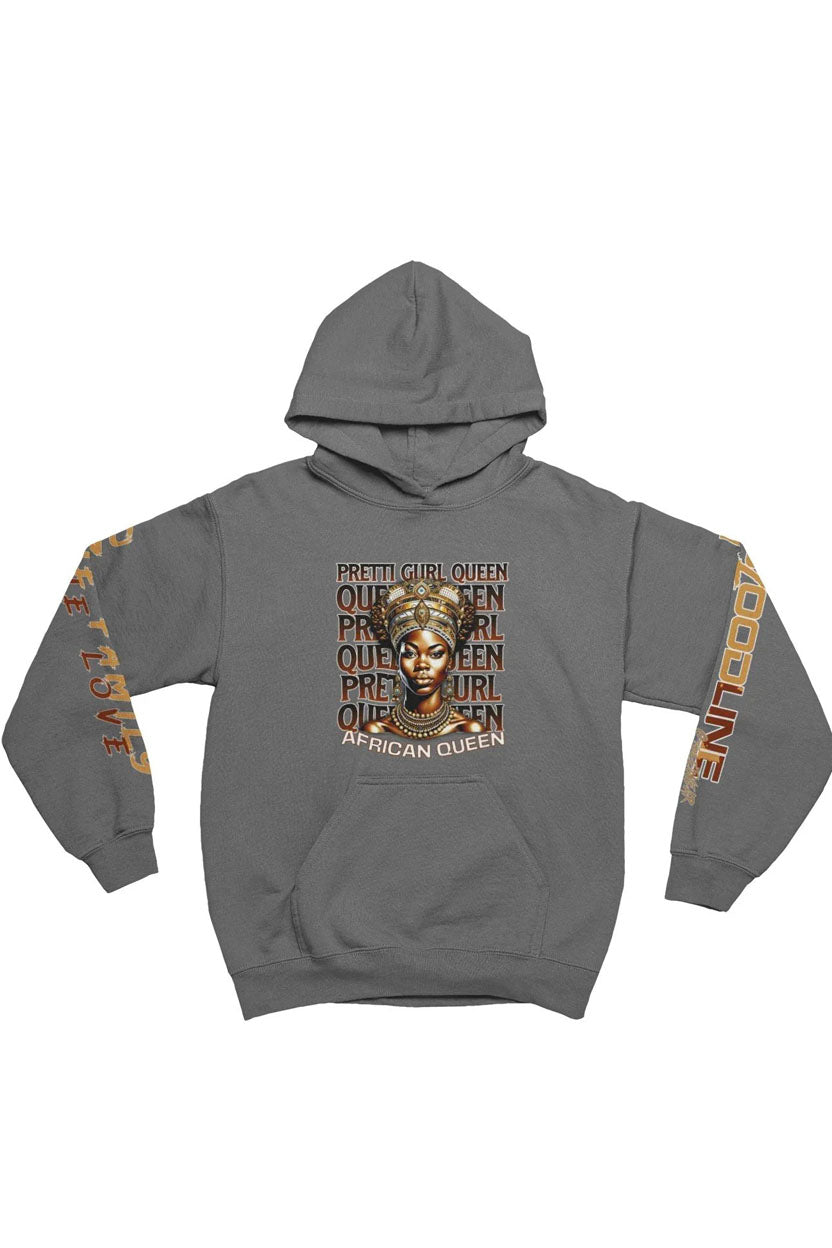 Gray hoodie with graphic design and text on sleeves against a white background